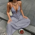 thumbnail image 3 of Uootdi Womens Maxi Dresses Vertical Stripe Print Halter Neck Deep V Sleeveless Flowy Long Dresses Sundresses Boho Vacation Style Gift, 3 of 8