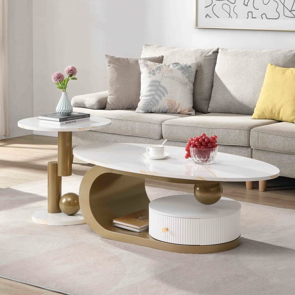 Golden Coffee and End Table Set with Faux Marble Drawer / Sturdy for Living Spaces
