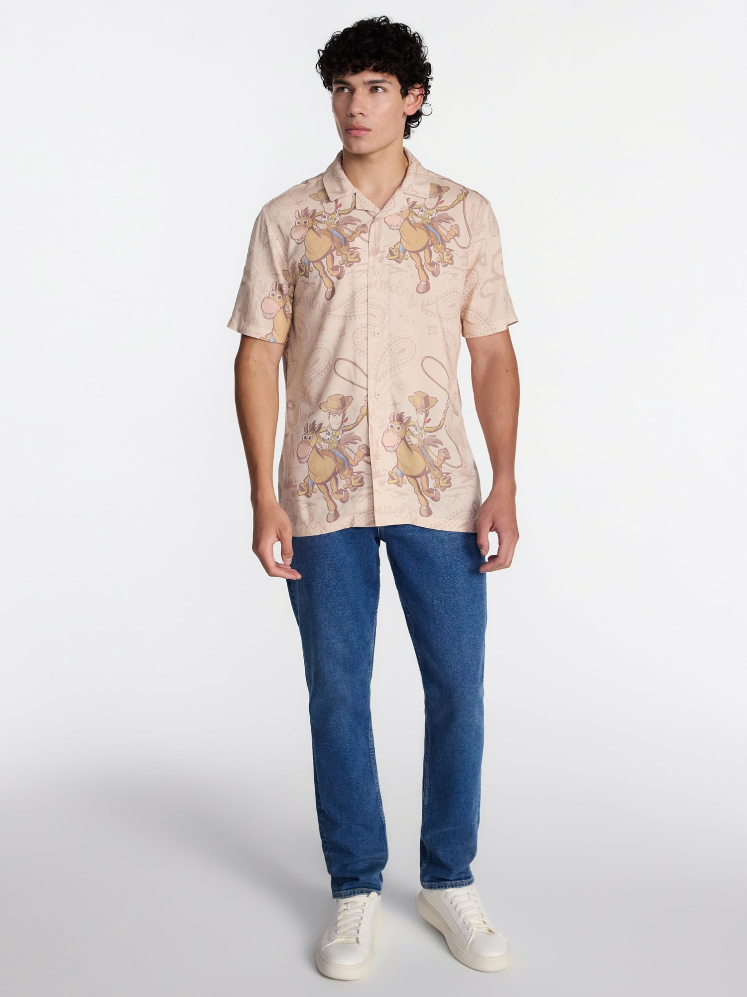 Disney Pixar Toy Story TS5 Men's and Big Men's Graphic Rayon Button Up Shirt, Woody and Bullseye, Sizes XS-5XL