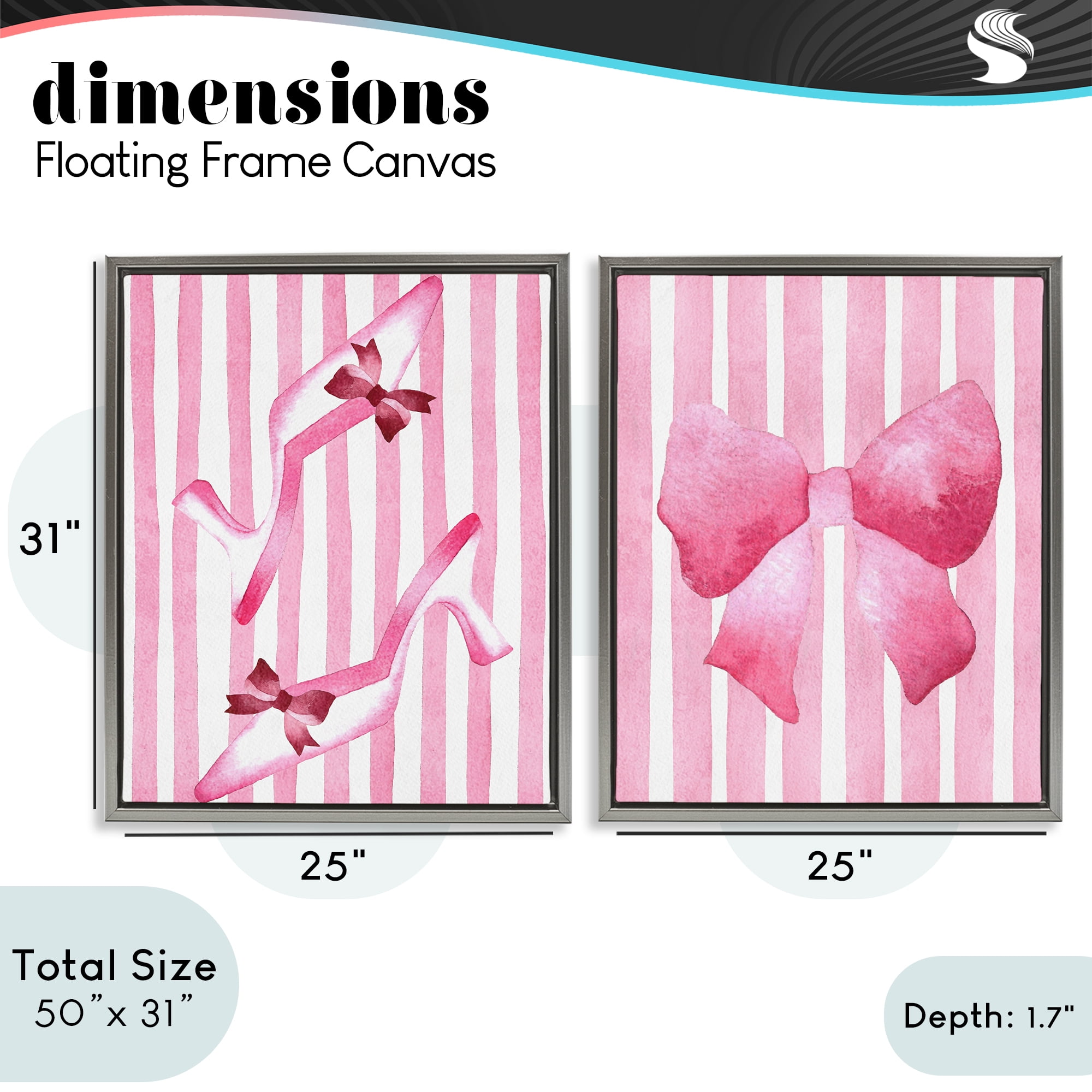 Stupell Industries Feminine Chic Bows Pink Stripes 2 Piece Gray Framed Floater Canvas Set, design by Camila Juncos