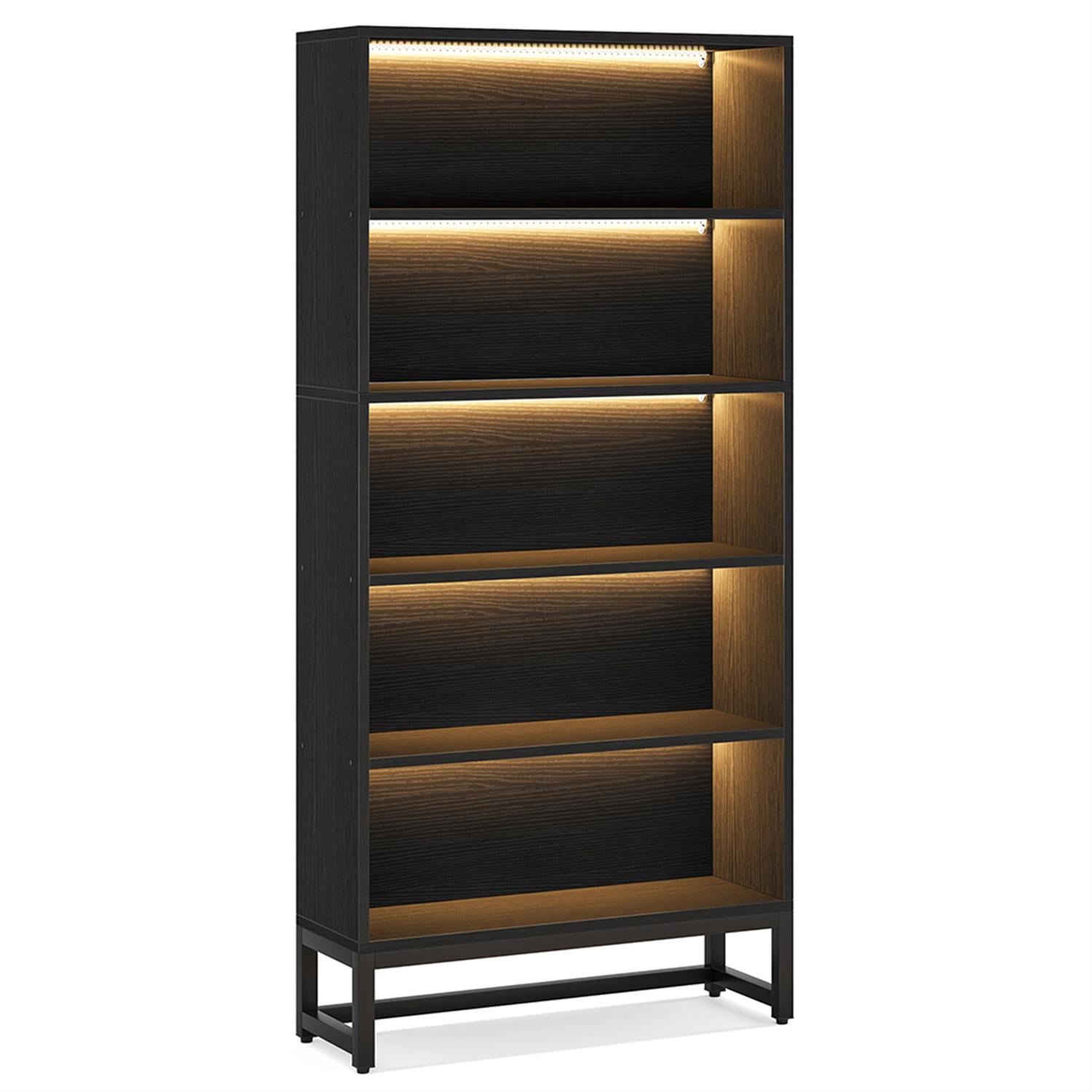 Demi Bonn 5-Tier Bookcase with LED Lights, Wood and Metal Bookshelf Storage Organizer, 70" Tall Display Standing Shelf Unit for Bedroom, Living Room, Black