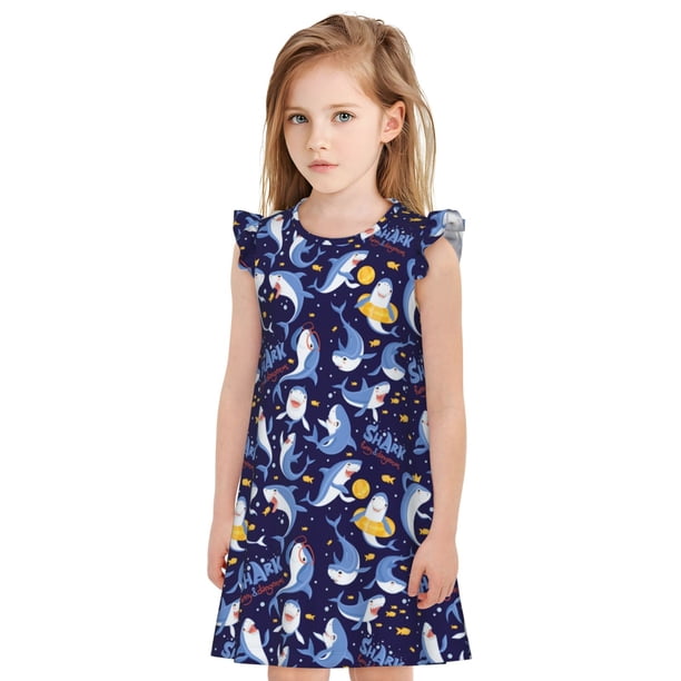 Balery Cute Shark Camisón de princesa para niñas, pijama de algodón con mangas abullonadas, suave y bonito.-X-Large
