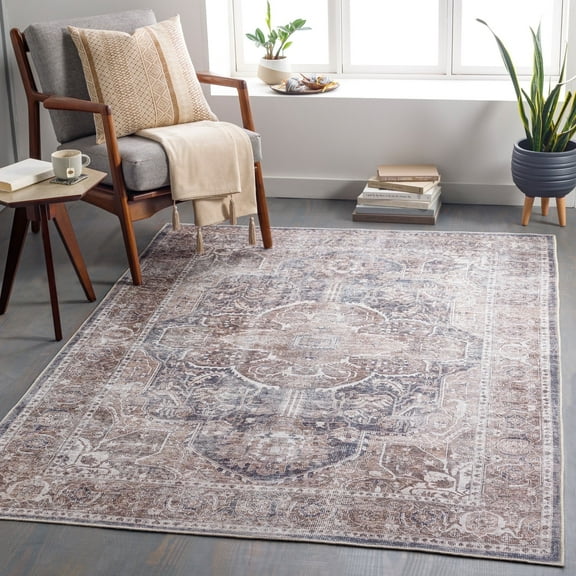 Livabliss Washable Rugs for Living Room, 8x10 Tahmis Traditional Brown Area Rug, Bedroom Dining Room Home Decor Stain Resistant Carpet (7'10" x 10'2")