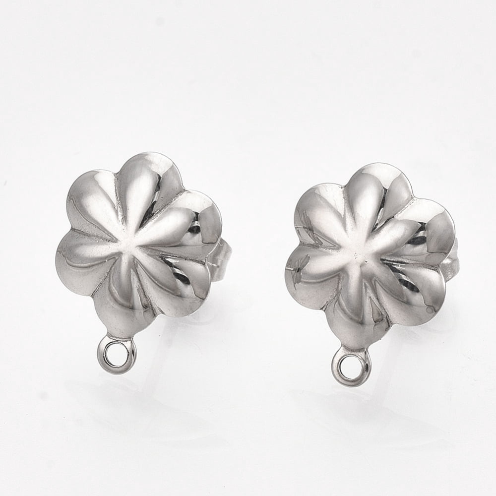 100 pc 304 Stainless Steel Stud Earring Findings with Loop and Ear Nuts/Earring Backs Flower Stainless Steel Color 13.5x10mm Hole: 1mm Pin: