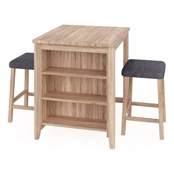 Dawny 3pc Counter Height Table Set with Stools- Shelves- Brown Oak Wood