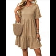thumbnail image 1 of Vestidos de Verano para Mujer 2025, Cuello Redondo, Abullonada, Cintura Alta, Fruncido, Corte A, Holgados, Midi, Caqui, Talla M, 1 of 9