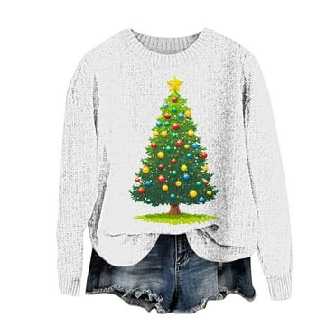 Funny Christmas Sweaters - Womens Sweaters 2024, Women's Christmas Printed Sweater Xmas Tree Sweaters Long Sleeved Round Neck Sweater Pullover Tops