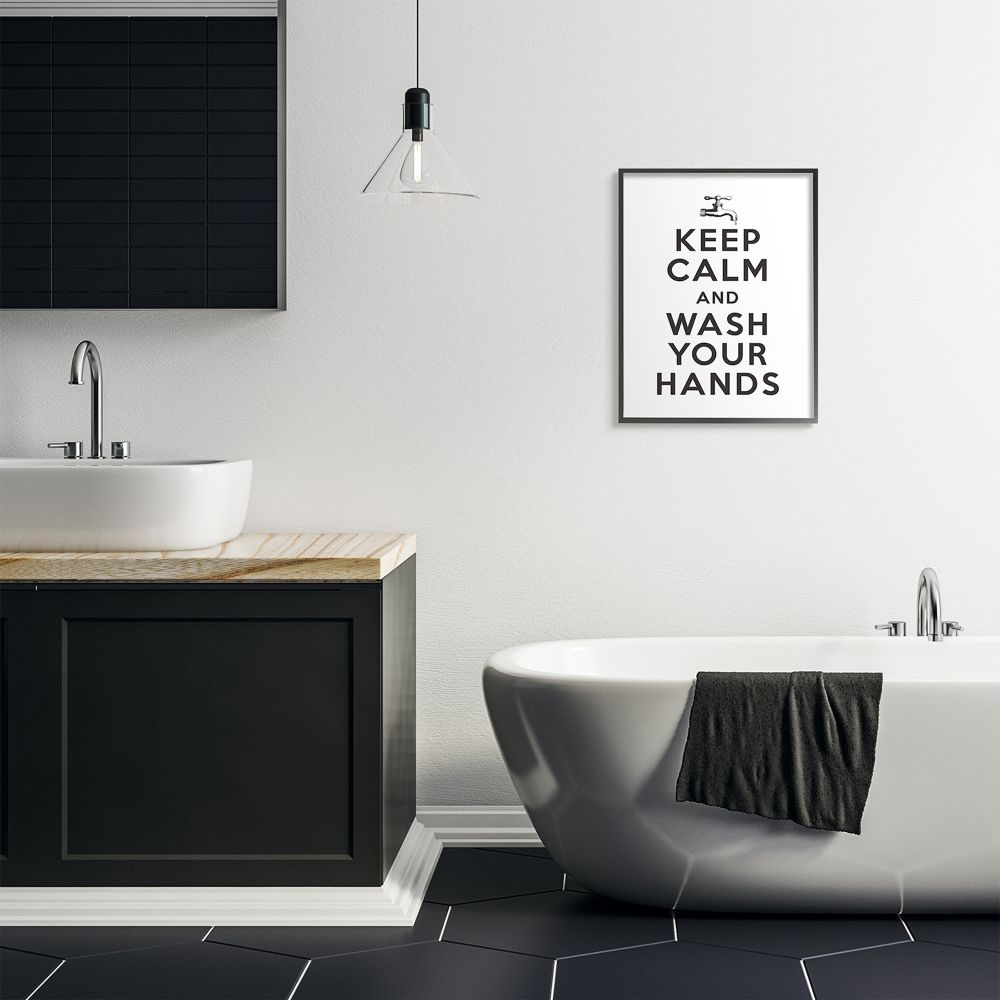 Stupell Industries Keep Calm and Wash Your Hands Phrase Bathroom Clean Framed Wall Art Design by Lettered and Lined