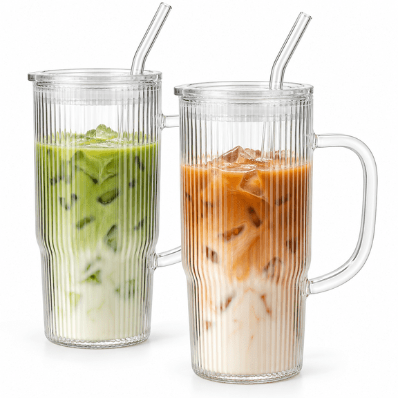 2 Pack 24 oz Ribbed Glass Tumblers with Handles, Lids and Glass Straws, Clear Iced Coffee Cups for Matcha, Iced Tea, Juice and Cold Drinks