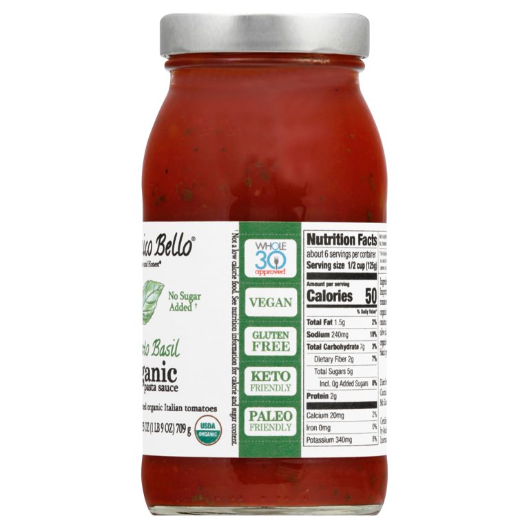 Organico Bello No Sugar Added Organic Pasta Sauce 25 oz Flavor Tomato Basil