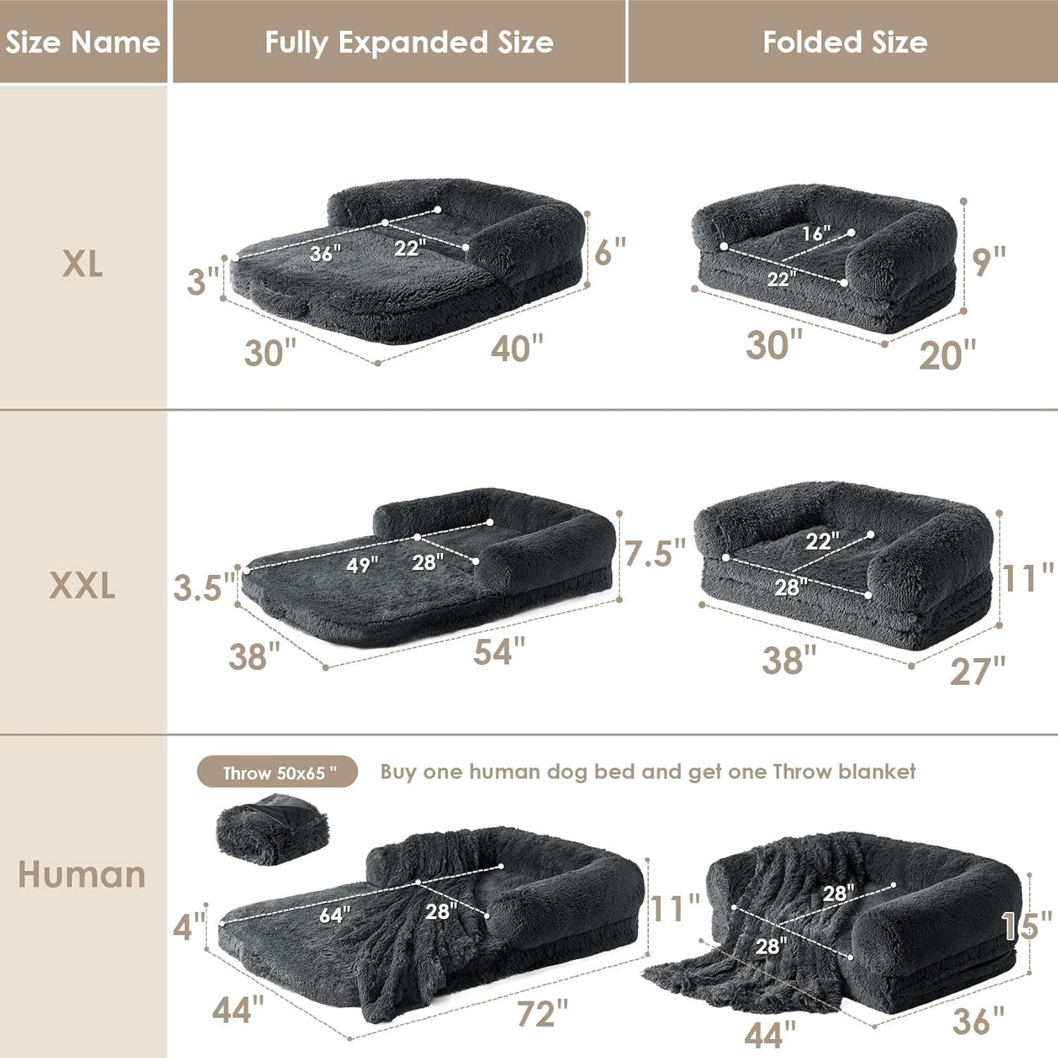 Foldable XL Dog Bed, Faux Fur Fluffy Dog Bed for Extra Large Dogs, Orthopedic Calming Memory Foam XL Dog Couch Bed, Washable Soft Warm Dog Sofa Bed with Non-Slip Bottom, Dark Grey, 40"x30"x6"