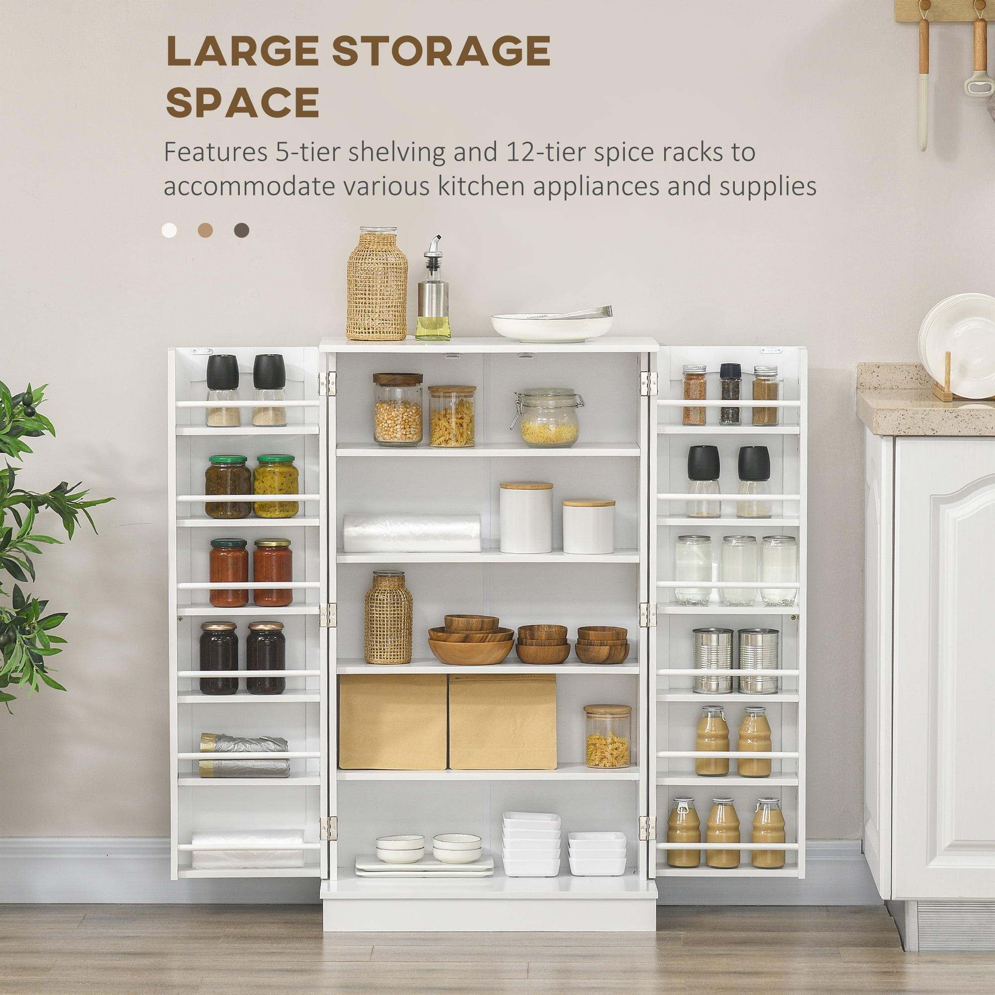HOMCOM 41" Kitchen Pantry, 2-Door Kitchen Cabinet with 5-tier Storage Shelving, 12 Spice Racks and Adjustable Shelves for Dining Room, White