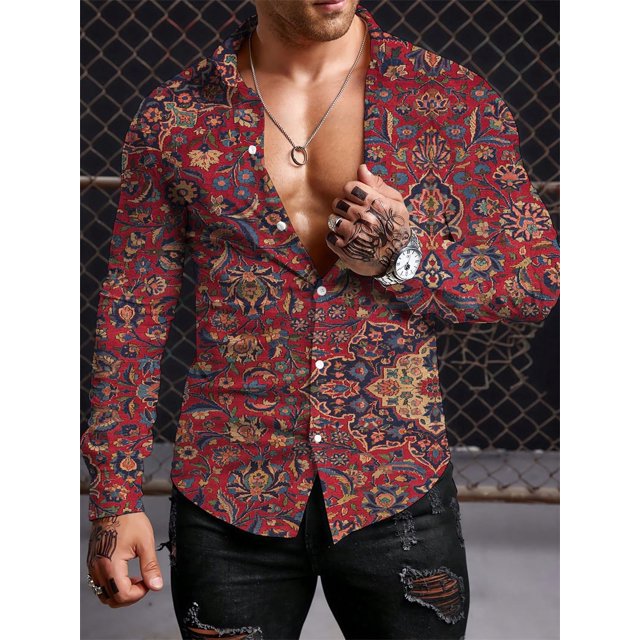Camisa de estilo étnico de manga larga para hombre, camisa de otoño de gran tamaño con botón de solapa, camisa de manga larga para hombre, camisas casuales para exteriores