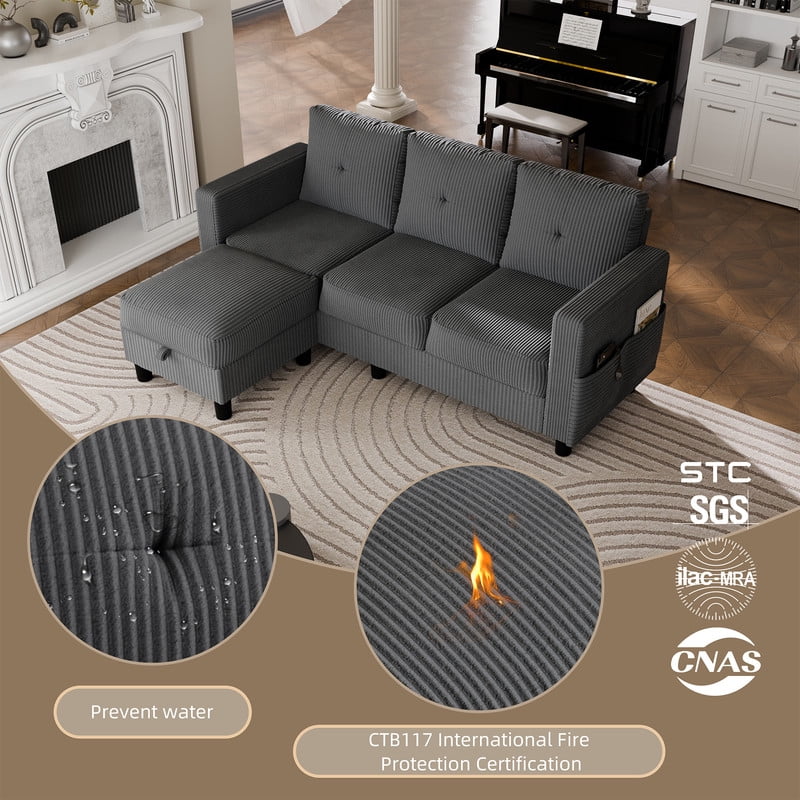 Walsunny 76.4" Convertible Sectional Sofa, L Shaped Sectional Sofa with Side Pocket, 3 Seat Sofa Couch with Storage Ottoman for Small Living Room, Apartment, Bedroom, Dark Gray