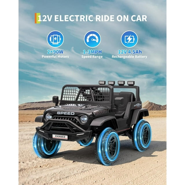 EastVita 12V Electric Ride On Truck with Remote Control Ride On Toy Gift for Boys & Girls Bluetooth Music Player LED Lights for 3-6 Years,Black