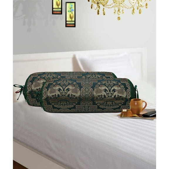 Stylo Culture Brocade Silk Jacquard Cylindrical Decorative Bolster Pillow Covers For Diwan Set Dark Green Gold Elephant Polydupion Ethnic Neck Roll Tubular Bolster Cases | (Set of 2) | 30x15 Inches