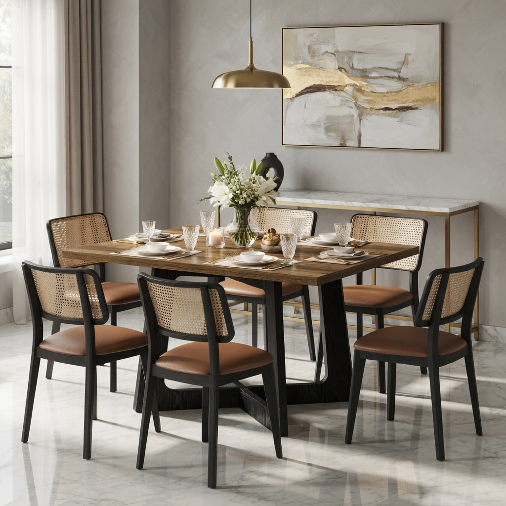 Hommoo 47 Inch Farmhouse Dining Table for Small Spaces, Sturdy Pedestal Kitchen Table for 2 to 4 People, Wood Grain & Black Metal Industrial Design, Brown