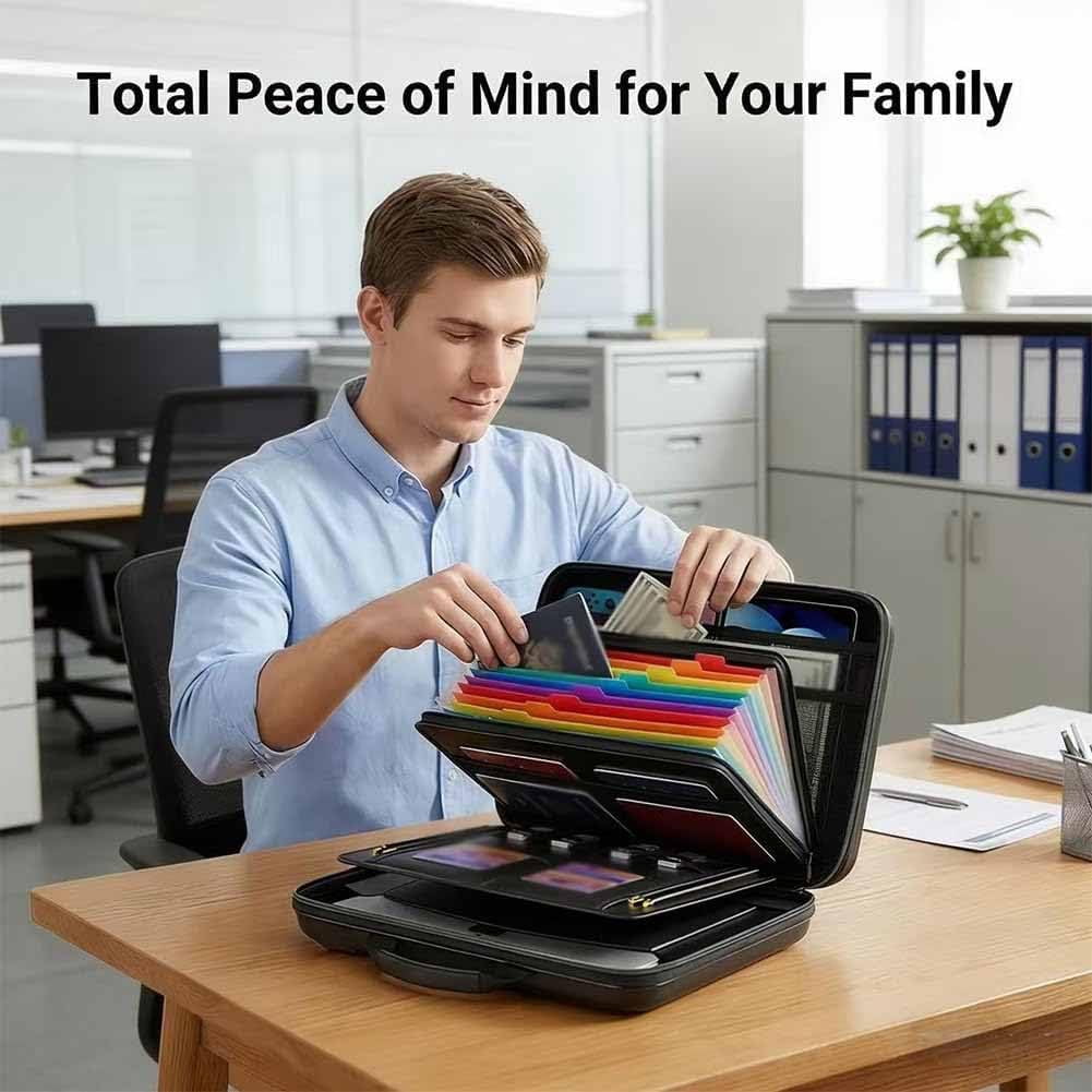 Hard-Shell Fireproof & Waterproof Document Organizer with Lock, 13-Pocket Expanding File Folder with Handle, Multi-Compartment for Documents, Certificates, Laptop & PassportPassport Storage Box
