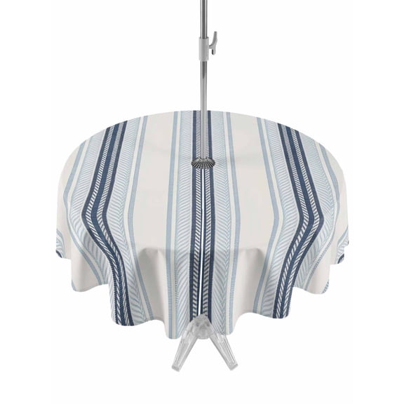 Outdoor Table Cloth with Umbrella Hole and Zipper, Blue Beige Waterproof Round Tablecloth 54 Inch, Modern Abstract Gradient Vertical Stripes Washable Table Cover for Outside Party Patio Picnic