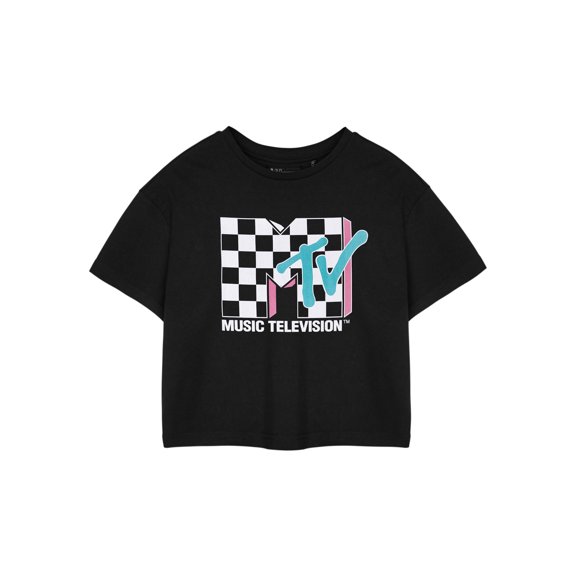 MTV Checkerboard Logo Womens Black Cropped Short Sleeved T-Shirt | L | Made by Vanilla Underground