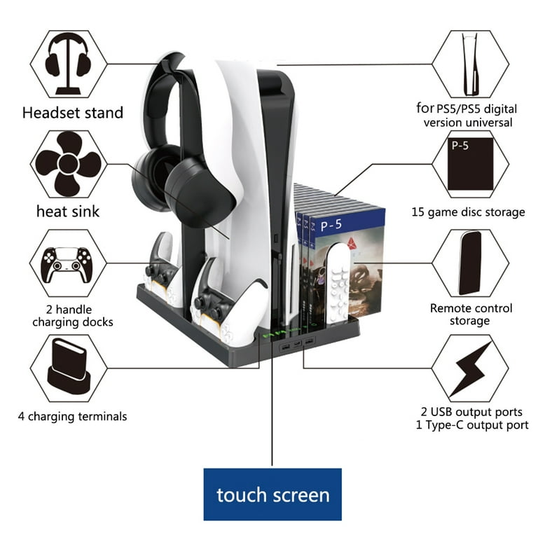 PS5 Stand and Cooling Station with Controller Charging Station for PS5  Slim, PS5 Accessories Incl. 3 Levels Cooling Fan, RGB Light, 15 Game  Storage