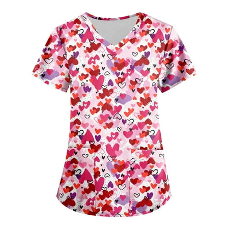 

Tking Fashion Womens Scrubs Plus Size Short Sleeve V Neck Printed Tops Loose Work Uniform Shirts with Pocket Pink 3XL