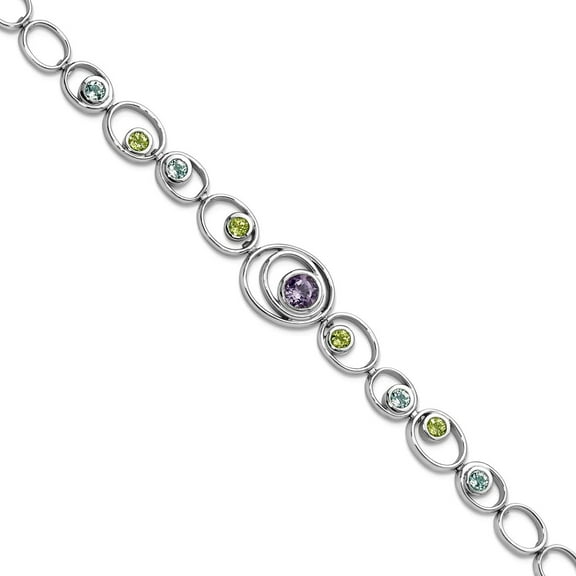 925 Sterling Silver Polished Multi-colored Fancy Lobster Closure Rhodium Plated With Peridot Blue Topaz and Amethyst Bra