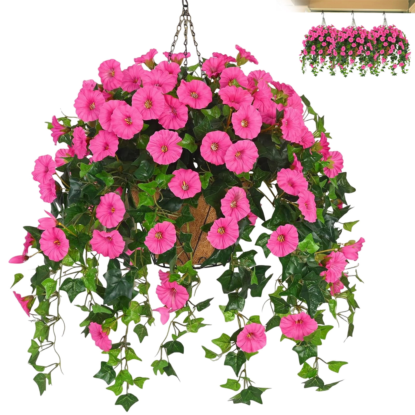 Artificial Hanging Flowers Baskets for Spring Outdoors Decor, Silk Morning Glory in Planter UV Resistant Realistic Outside Flowers for Outdoor Porch Patio Balcony Yard Home