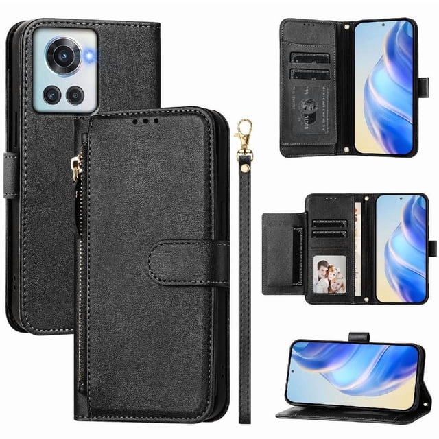 Filp Case for OnePlus 10R Prime Zipper Pocket Magnetic Flip Wallet Phone Case with 7 Card Slots and Wrist Strap
