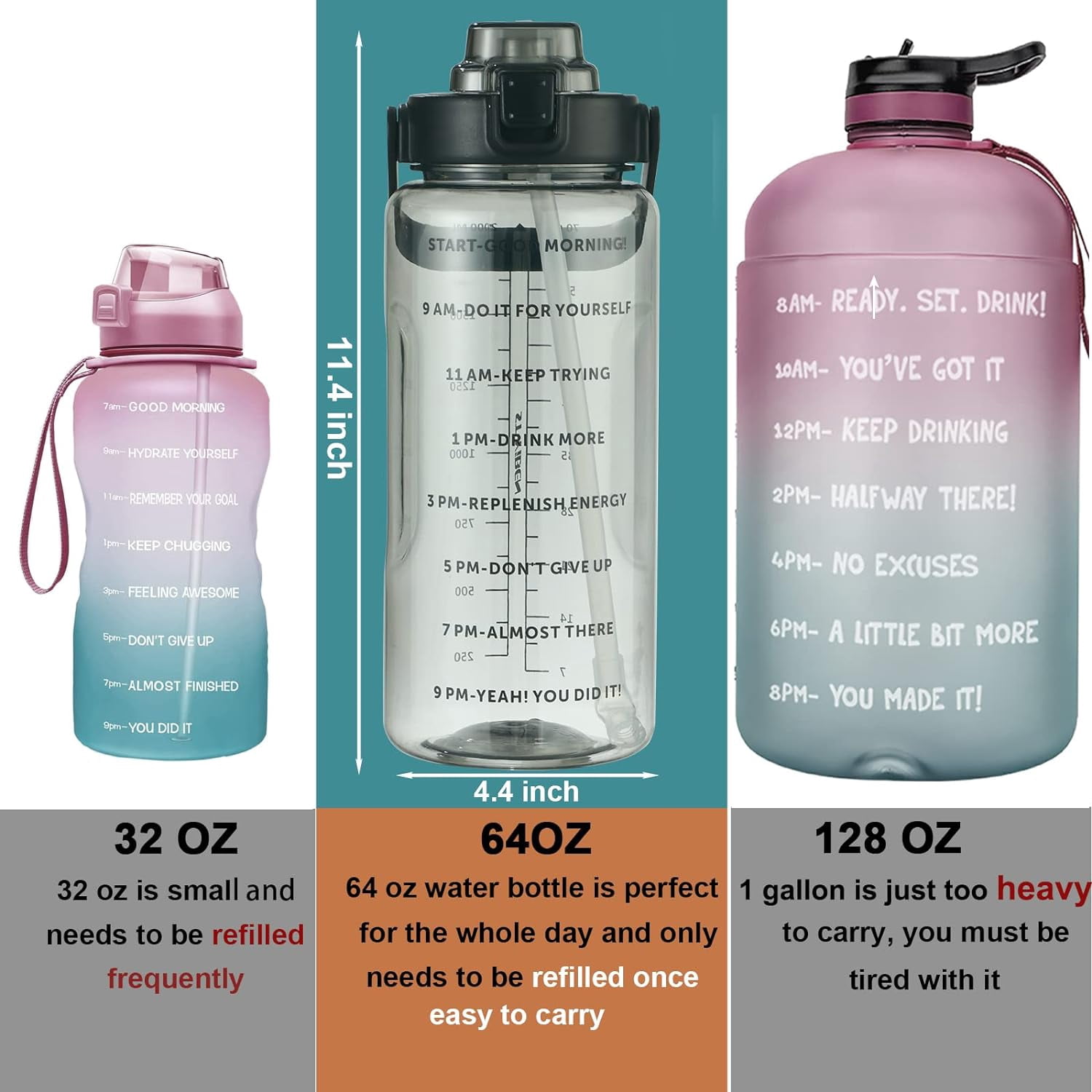 Half Gallon Water Bottle with Sleeve & Strap 64 OZ Motivational Water Bottles with Straw Large Wide Mouth Water Jug with Time Marker for Fitness, Gym and Outdoor Sports, Leak-proof & BPA Free