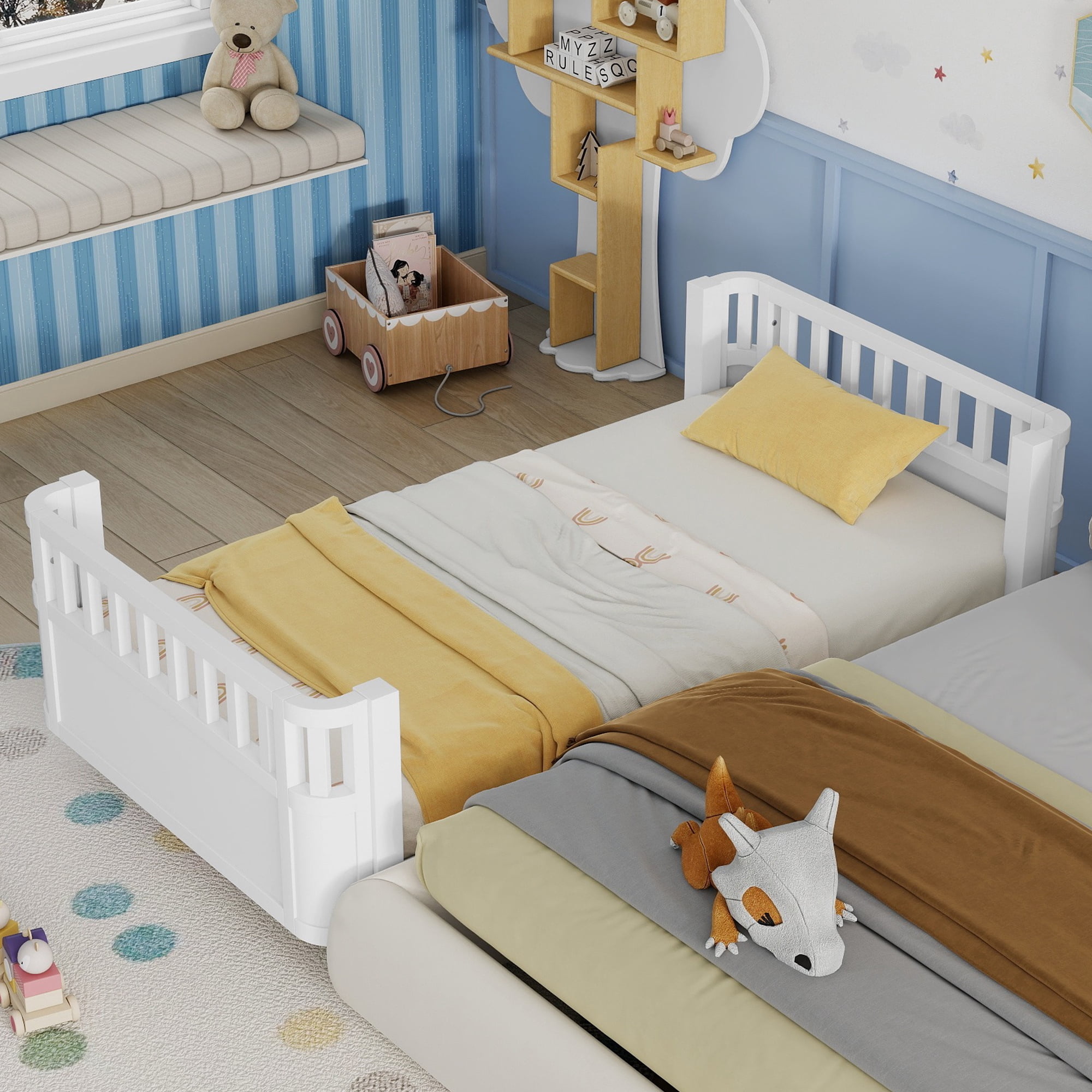 Mirightone Twin Size Montessori Bed with Guardrails and Removable Side Rails, Low to Ground Wood Bed Frame