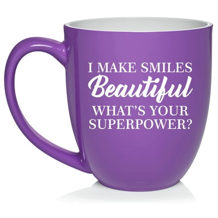 

I Make Smiles Beautiful What s Your Superpower Dentist Orthodontist Dental Assistant Hygienist Ceramic Coffee Mug Tea Cup Gift (16oz Purple)