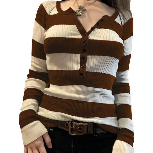 Fortune Women Striped Knitted Pullover Long Sleeve Slim Tops Casual Contrast Color Tops