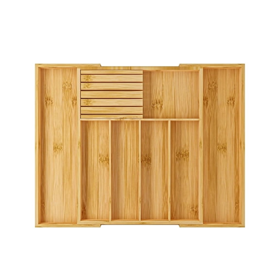 Bamboo Expandable Drawer Organizer with Knife Block - 7 Compartment Tray for Kitchen Utensil and Silverware
