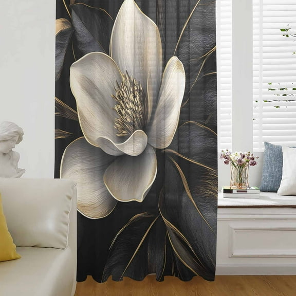 Black Gold Flower Semi Sheer Curtains Drapes for Living Room, Bedroom, French Doors Window 108 Inches Long, Gradient Luxurious Floral Botanical Rod Pocket Chiffon Curtain Drapery Voile Drape Panel