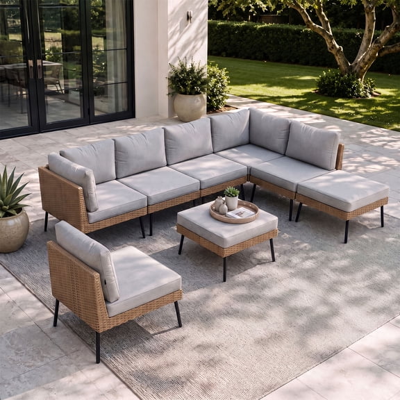 BaPiPro 8-Piece Modular Outdoor PE Rattan Sectional Sofa Set, All Weather Patio Furniture with Removable 4" High Density Cushions & 2 Multifunctional Ottomans for Backyard Garden Courtyard, Gray