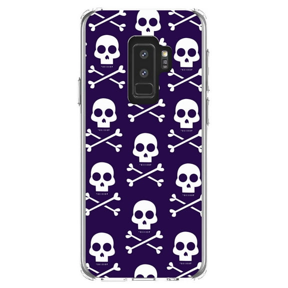 DistinctInk Clear Shockproof Hybrid Case for Samsung Galaxy S9  PLUS (6.2" Screen) - TPU Bumper, Acrylic Back, Tempered Glass Screen Protector - Purple White Skulls Pattern