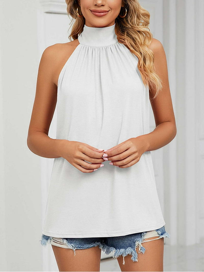 Gustave Womens Sleeveless Tie Halter Tops Summer High Neck