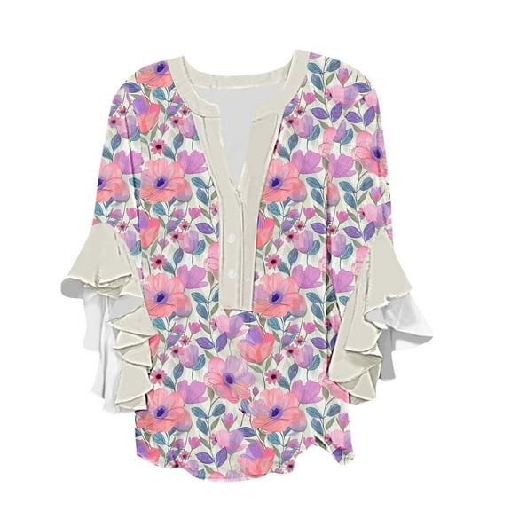 Ruimatai Women's V-Neck Lace Sleeve Blouse Casual Loose Fit Printed Shirt 3/4 Sleeve Button Down Top for Spring Summer Daily Wear Party Workout