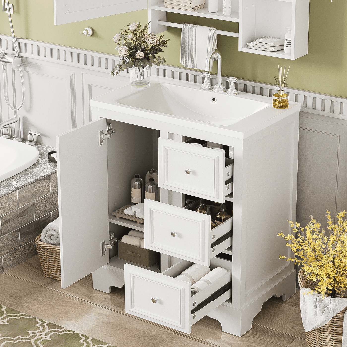 Euroco 30-Inch Bathroom Vanity with Ceramic Sink, 3 Soft-Close Drawers, Adjustable Shelf, Overflow Drain, Solid Wood Frame