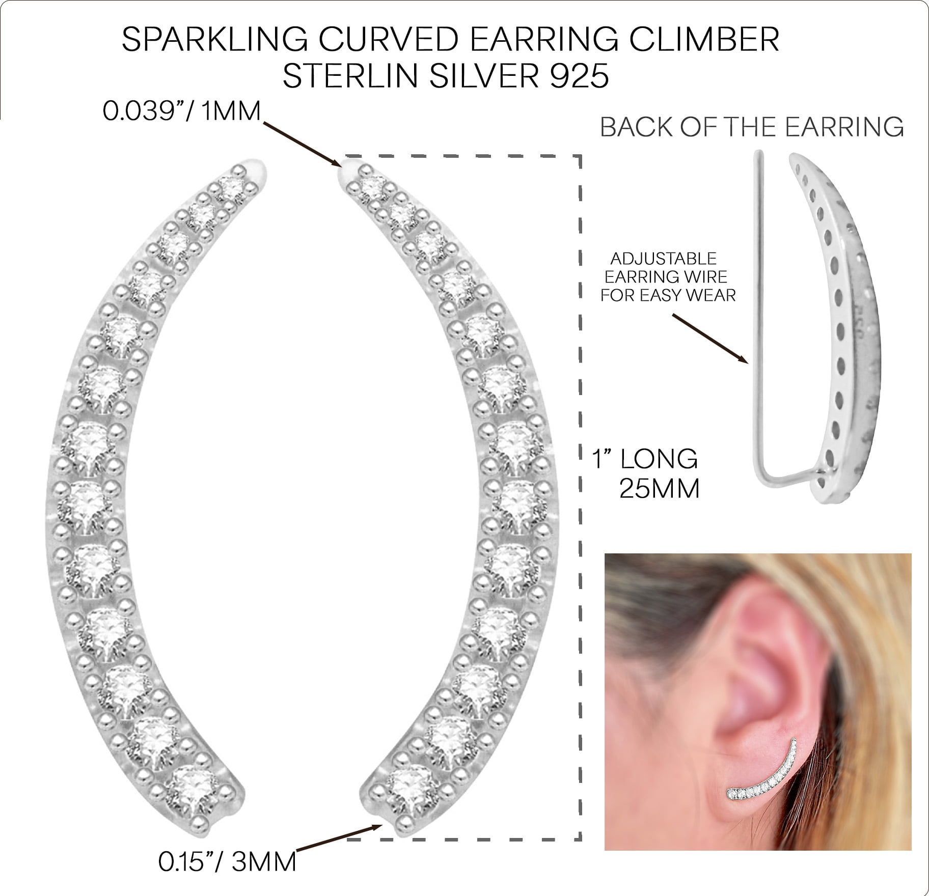 Ritastephens Climber Earrings 1 inch long Real Sterling Silver 925 Clear CZs