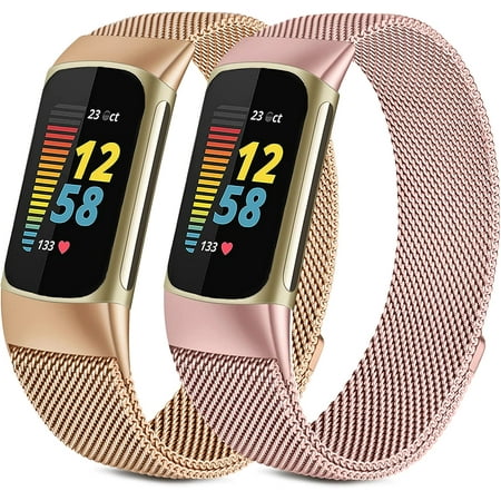 2 Pack Bands Compatible with Fitbit Charge 5 Bands for Women Men, Stainless Steel Mesh Loop Adjustable Magnetic Metal Strap Replacement Wristband for Fitbit Charge 5 Advanced Fitness & Health Tracker