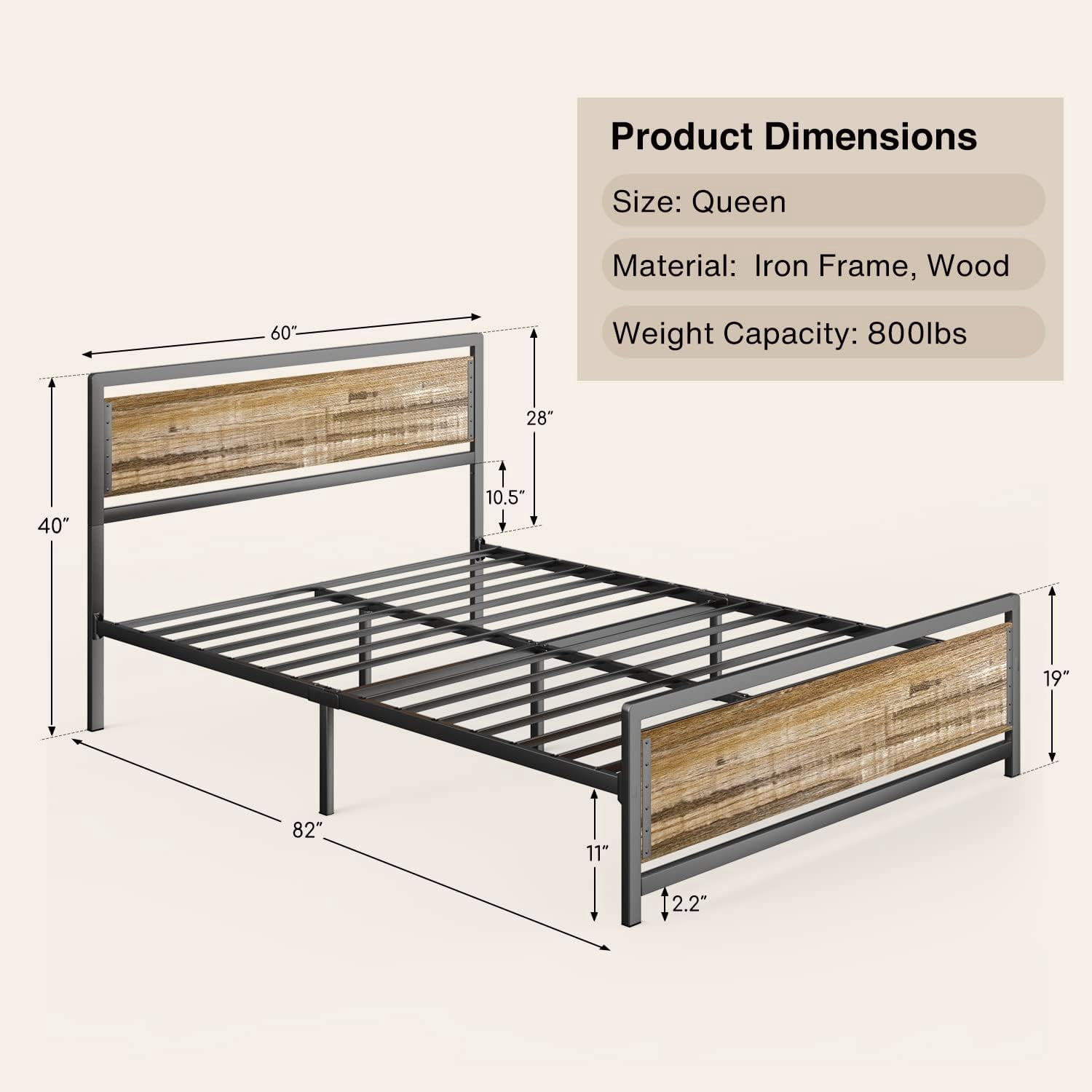 Queen Metal Bed Frame with Wooden Headboard, 15 Heavy Duty Slats, Large Under-Bed Storage, Noise-Free, No Box Spring Needed, Easy Assembly, Retro Rivet Design.