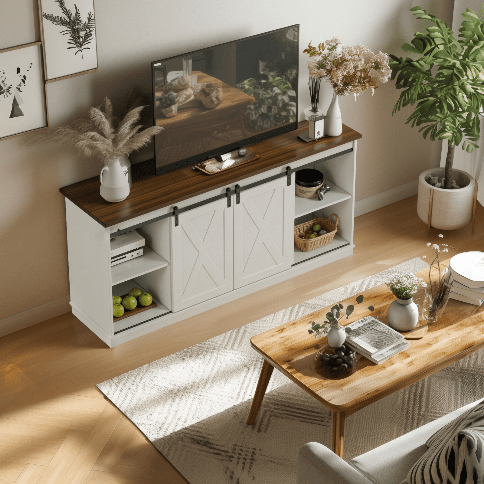 Aukfa TV Stand for TVs up to 65", Entertainment Center with Storage Cabinets and Sliding Barn Doors, for Living Room Bedroom,White