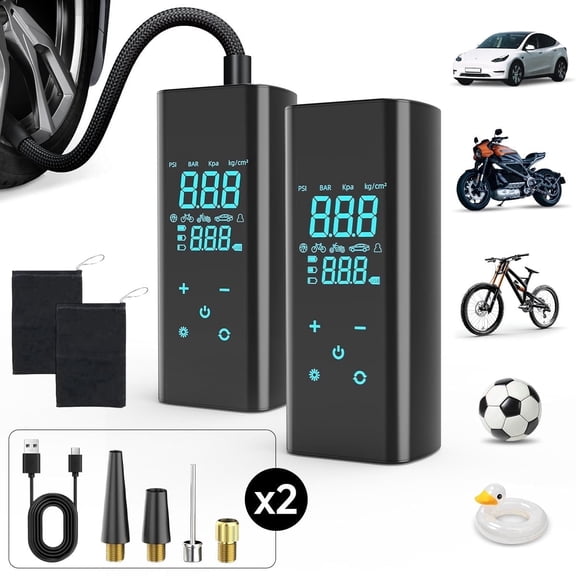 Tire Inflator Portable Air Compressor 2Pcs, 150 PSI Air Pump for Car Tires with Digital Pressure GaugeοΌFast Tire Pump Inflation for Car, Motorcycle, Bicycle and Balls