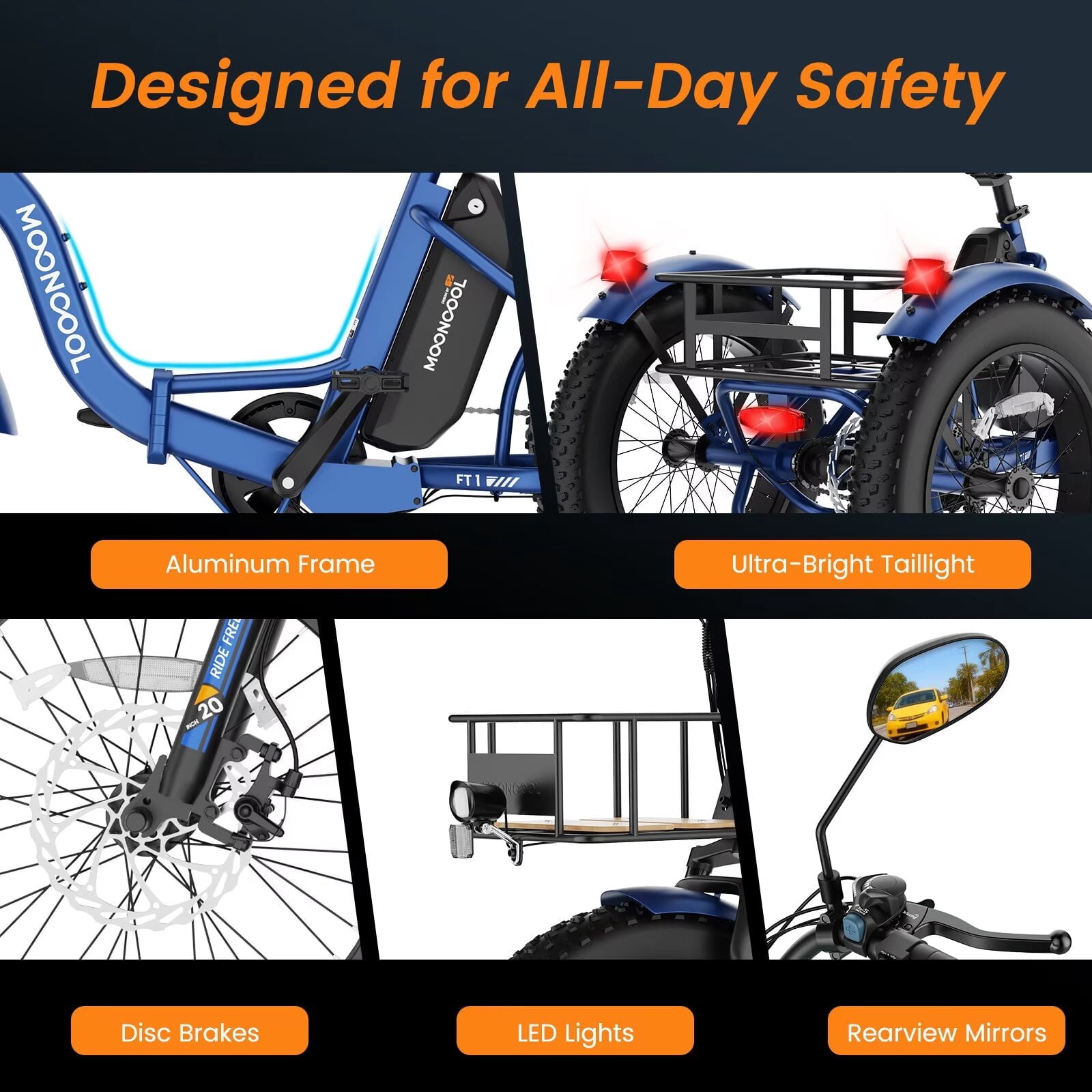 MOONCOOL All-Terrain Folding Electric Tricycle for Adults, 1100w Motor 48V 14.5Ah Battery,7-Speed 20" x 4.0" Fat Tire 3 Wheel Electric Bike , 25-60 miles