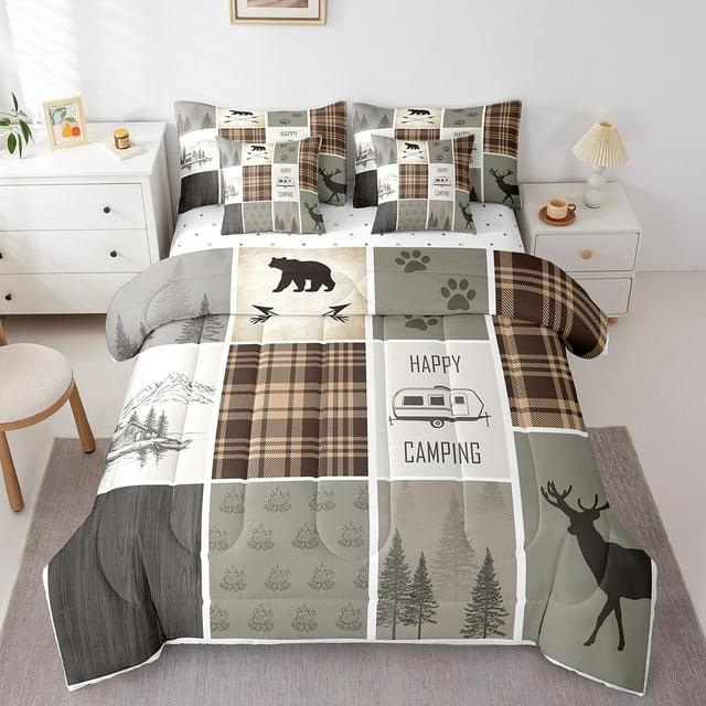 Erosebridal Lit de Camping pour Adolescents, Taille Complète, Ensemble de Lit Ours Cerf, Décoratif, Réversible, Léger, 7 Pcs