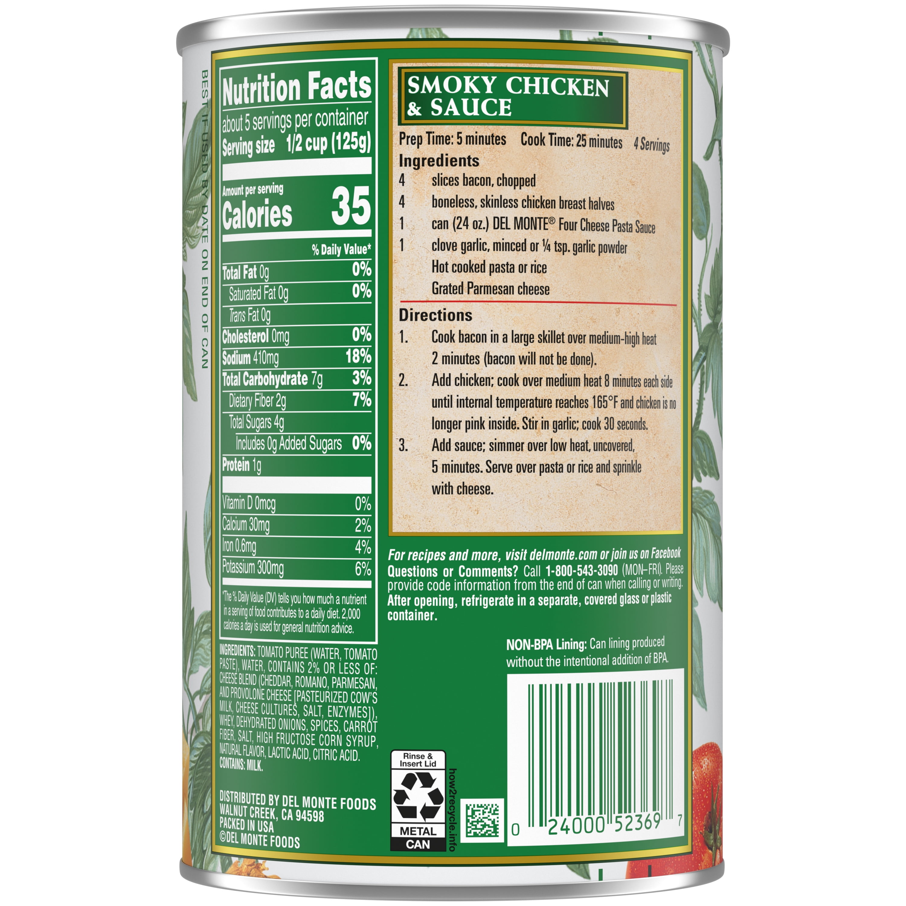 Del Monte, Four Cheese Pasta Sauce, 24 oz, Shelf Stable, Aluminum Can