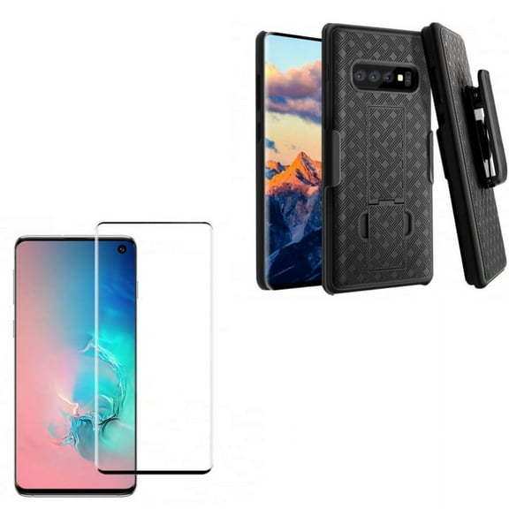 Holster Case Belt Clip w Tempered Glass Screen Protector for Samsung Galaxy S10 Plus - Swivel Cover Kickstand, [Fingerprint Unlock] 3D Curved Edge Full Cover D7K