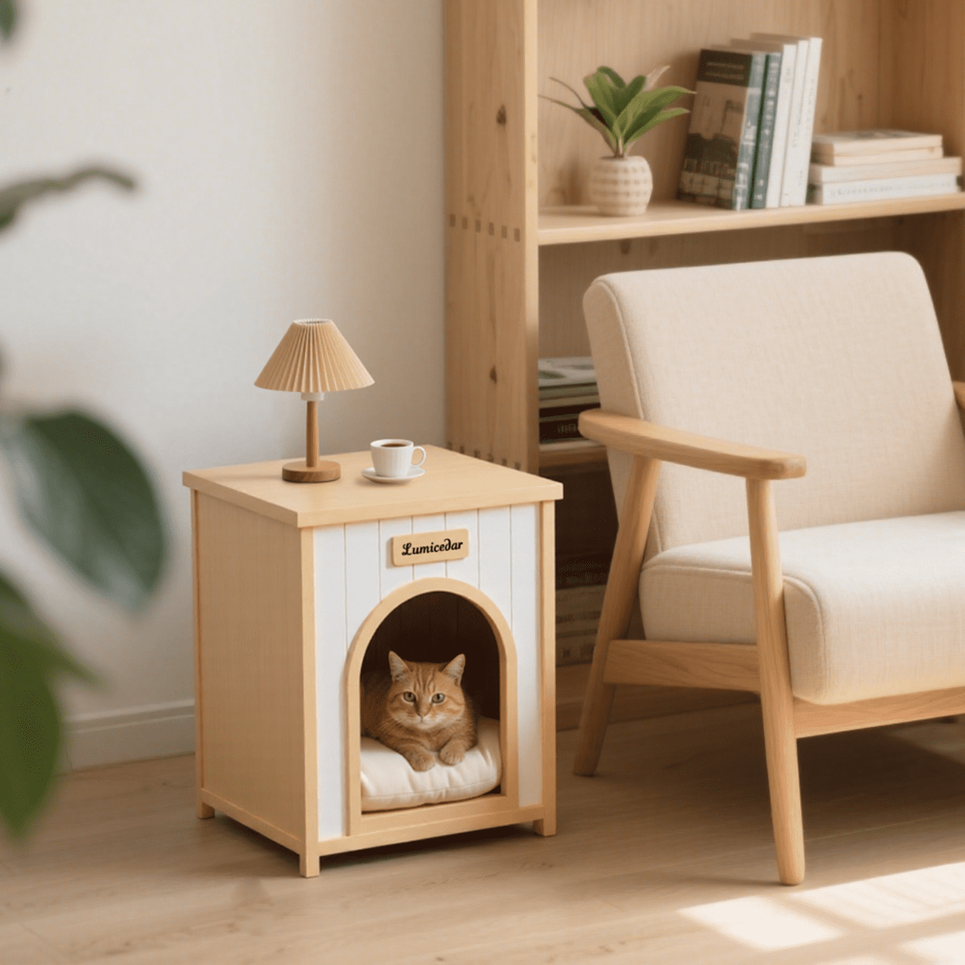 Solid Wood Pet House with Flat Roof Indoor Shelter for Small Dogs and Cats FSC Certified Cream Yellow Modern Design